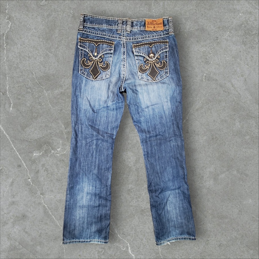 Affliction Jeans Mens 34x34 Blue Denim Killers Fleur De Lis Contrast Stitch Y2K